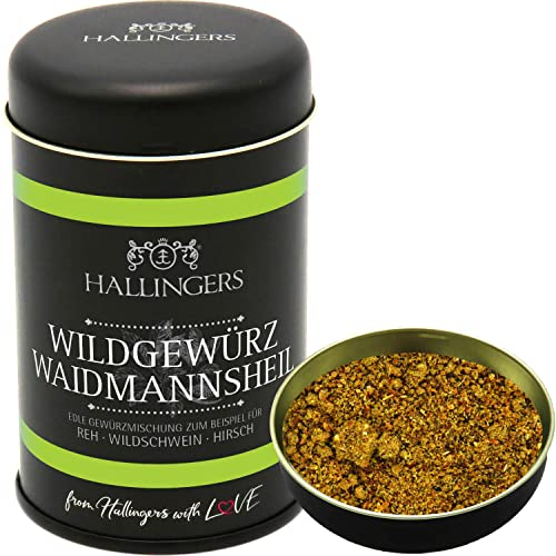 Hallingers Wildgewürz Waidmannsheil - Gewürz-Mischung für Reh, Wildschwein & Hirsch - für Jäger zum Kochen von Wildgerichten Waidmann (Dose) - Geschenk im Sommer & als perfektes Grillgeschenk | Neues