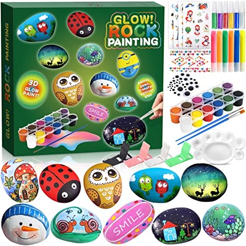 BEYAOBN 12 Stück Steine Bemalen Set für Kinder mit 12 Farben Nachtleuchtendes Steine Bemalen Bastelsets Malset Kunsthandwerk Set, Kreativ Steinmalerei, für Kinder Erwachsene Geschenke Malerei