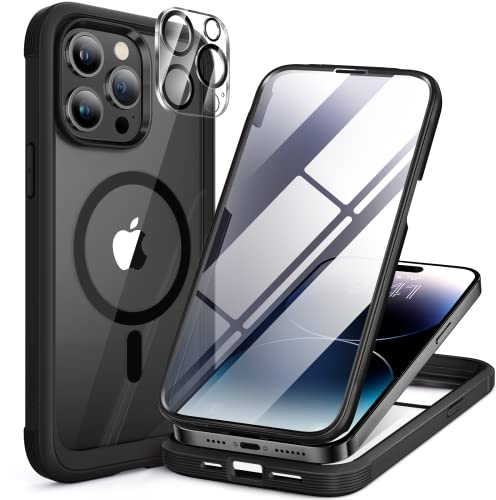 miracase Glass Series Designed for iPhone 14 Pro Max Case 6.7 Inch, [2023 Upgrade Built-in 9H Tempered Glass Screen Protector] Full Body Rubber Bumper Case Compatible with Magsafe (Black)
