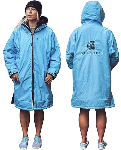 SEASHELL Adult Waterproof Changing Robe – Oversized Long Sleeve Coat with Sherpa Fleece Lining – Windproof, Quick-Drying, Water-Repellent – Ideal for Swimming, Surfing, Beach, Camping, Outdoors