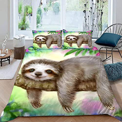 ALABOW Kawaii Faultier Bettwäsche 155x220 cm 3teilig mit Reißverschluss 3D Blumen Bettwäsche Sets Warme Winter Sommer Weich Bettbezüge mit 2 Kissenbezug 80x80 cm für Teenager