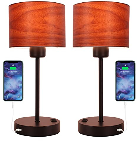 FIRVRE Schreibtischlampe Akku USB Touch Control Tischleuchte Vintage Nachttischlampe E27 Tischlampe mit Brauner Plastik-Lampenschirm für Schlafzimmer Wohnzimmer Büro Nachttisch (Doppelter Satz)
