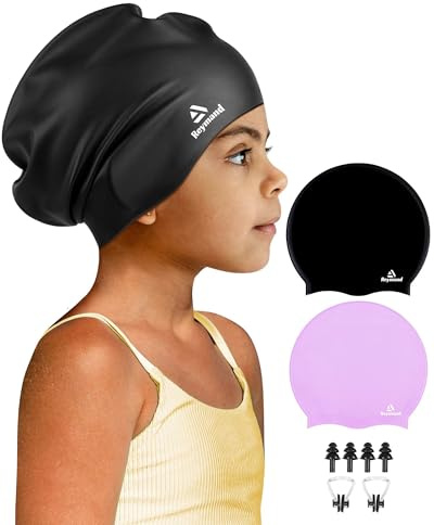 2 Pack Kids Extra Large Swim Cap for Long Thick Hair, Waterproof Silicone Swimming Cap for Toddler Child Youth Girls Boys, Durable Swim Hats Bathing Caps for Braids, Dreadlocks, Extensions, Afros-1