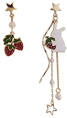 Virtuoa-Art Tier-Ohrstecker Für Damen – Süße Erdbeere, Asymmetrische Häschen-Ohrringe Mit Quastenohrringen, Klassischer Charme-Schmuck Für Damen, Kinder, Geschenk-Accessoire, Gelb