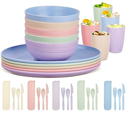 Chuboir 35pcs Dinner Set, Camping Plates and Bowls Set for 5 People, Unbreakable Tableware, Plastic Lightweight Serving Plates, Bowls, Cups, Cutlery Set, Forks for Camping, Picnic, Party, RV, Dorm