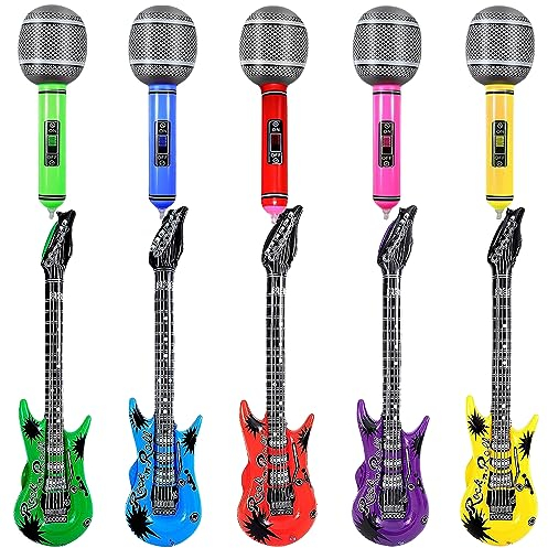 Xihuimay 10 Stück Aufblasbare Party Props Aufblasbares Gitarre Mikrofone Luftgitarre Rockstar Aufblasbare Kinder Ornament Karaoke Musikinstrumente Zubehör Themenparty Festival Rollenspiel Cosplay