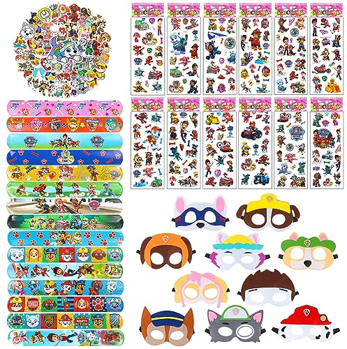 GUBOOM Party Mitgebsel Set, Mitgebsel Kindergeburtstag, Geburtstag Deko Partyzubehör für Kinder, 15 x Schnapparmband, 10 x Filzmasken, 12 x 3D Aufkleber und 50 x Aufkleber