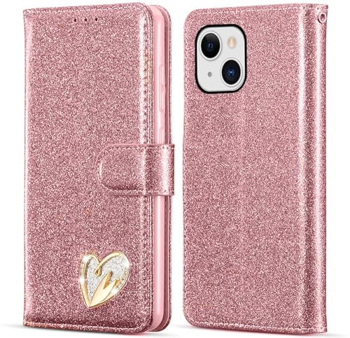 KP TECHNOLOGY Case for iPhone 15, Premium Shiny Bling Glitter Loving Heart Book Flip Stand Wallet Card Phone Case for iPhone 15 (ROSE GOLD)
