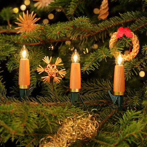 CLGarden Exklusive NARVA Kerzen Lichterkette mit 30 Holzschaft Kerzen für Weihnachtsbaum Beleuchtung warmweiß Holz Innen Glas 230V Kirsche