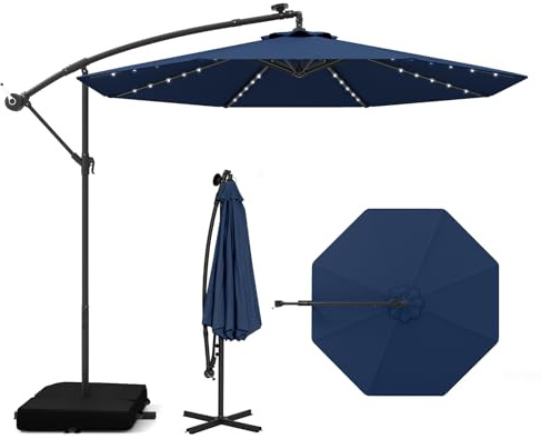 COSTWAY 300 cm Sonnenschirm mit Ständer und LED-Beleuchtung | Ampelschirm mit Kurbel, Gartenschirm, UV-Schutz, Terrassenschirm, Marktschirm für Garten, Terrasse, Blau