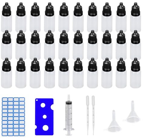 Dondeen 30 Stück Tropfflasche 10ml,Plastikflaschen Reiseflasche Quetschflaschen LiquidFlaschen,Trichter Etiketten Transfer Pipette Spritzen für Liquids (10ml)