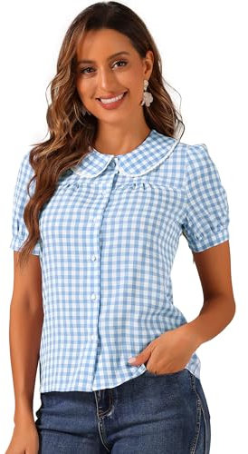 Allegra K Chemisier à Carreaux pour Femmes Contraste à Manches Courtes Bouffantes Haut Chemise à col Claudine Bleu Ciel XL