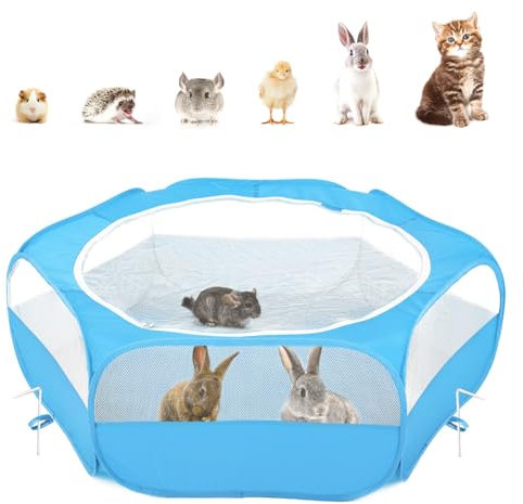 Pawaboo Kleintiere Freigehege, Wasserdicht Faltbar Kaninchen Freilaufgehege für Hasen Hühner Kätzchen Welpen Kaninchen Hamster, Visuell Laufstall mit Netz Reißverschluss und Nylonboden - Blau
