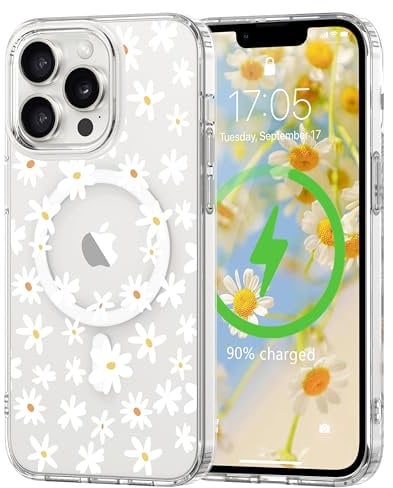 L-FADNUT Magnetic for iPhone 14 Pro Max Case, Compatible with Magsafe Floral Pattern Design, Clear Girly Flower Cover Slim Bumper Shockproof Protective Phone Case for iPhone 14 Pro Max White
