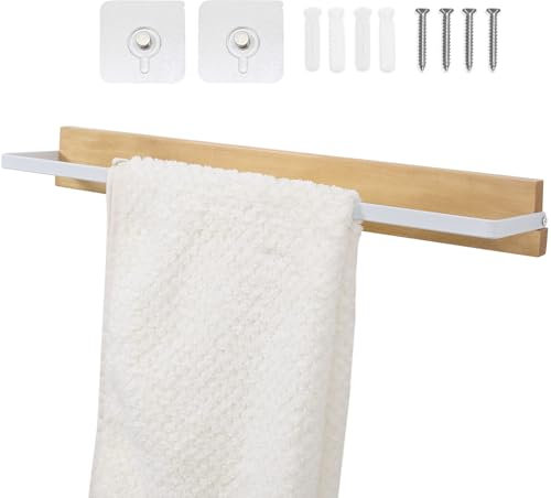 Qiannhee Holz Handtuchhalter ohne Bohren Weiß 37cm Handtuch Halter Wandmontage mit Schraube Handtuchstange ohne Bohren Weiss Gästehandtuchhalter für Badezimmer Küchen Toilette Waschbecken Schlafzimmer