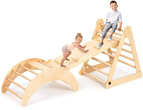 Dripex Kletterdreieck mit Rutsch, Faltbares hölzernes Kletterspielzeug für Kleinkinder, Regenbogenwippe, Montessori-Kletterset für Kinder ab 1 Jahr altem mit Einer sicheren und stabilen Konstruktion