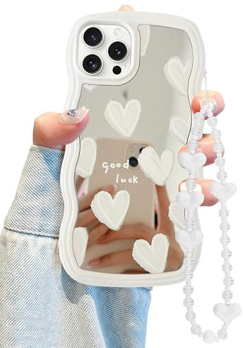 Jusy Compatible with iPhone 11 Pro Max Case with Wavy Edge, Cute White Heart Mirror Curly Phone Cases, Shockproof Hard PC & Soft TPU Bumper Protection Cover for Women Girls with Bracelet Chain