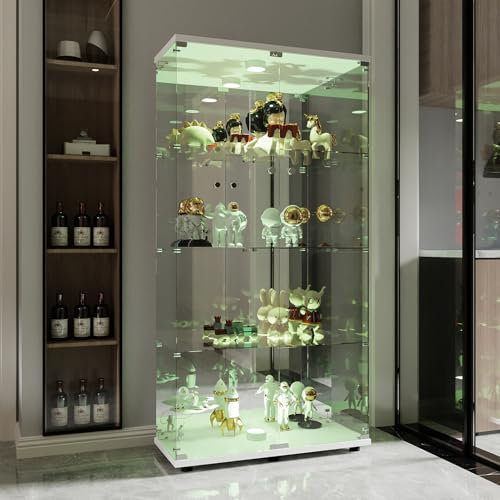 FOERPL Glasvitrine mit Led und Schloss,Verspiegelte Rückseite - 4 Lagen Standvitrine,Modern Glas Vitrinenschrank für Sammlungen, Figuren, Bar, Haus und Büro