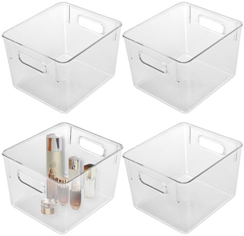 FUNSUEI 4 Pack Clear Plastic Storage Bins, Stackable Fridge Organizer Boxes with Handle, Containers for Refrigerator, Cupboard, Pantry, Cans, Kitchen, 22 x 19 x 15cm