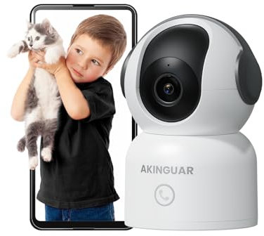 AKINGUAR Cámara IP WiFi Interior 2K(3MP) 355° Cámara de Vigilancia WiFi Interior con Audio Bidireccional, Visión Nocturna, Detección de Movimiento, Seguimiento Automático,Compatible con Alexa, Negro