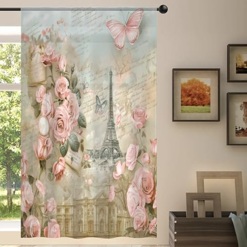 Romantischer Frankreich-Vorhang mit Postkarten-Motiv, durchsichtig, für Wohnzimmer, Schlafzimmer, Küche, Esszimmer, Dekoration, 139 x 198 cm