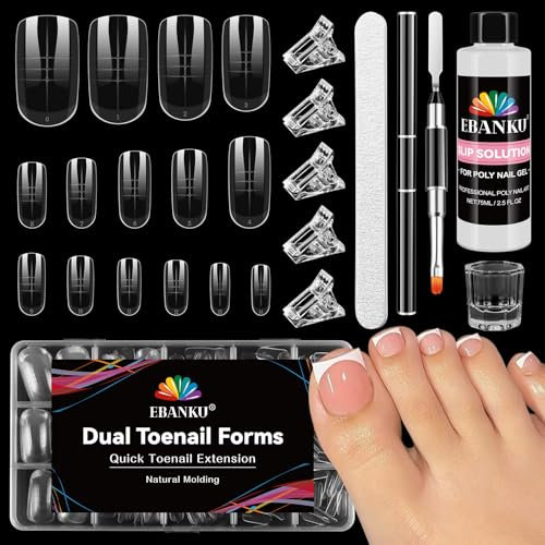 EBANKU 150 PCS Poly Gel Nail Forms for Toes with 75ml Slip Solution, Long Square Dual Forms for Polygel Pedi Nail Extension Poly Gel Toenails Set with Clips Brush Pe File, 15 Sizes