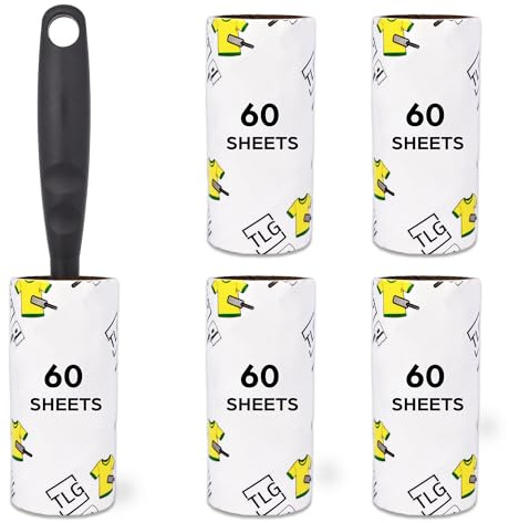 TLG Lint Roller, 5 Refills 300 Extra Sticky Sheets with Handle - Sticky Roller for Clothes - Lint Roller Refills, for Pet Hair, Cat Hair, Dust & Fluff from Furniture, Carpet, Lint Removers for Clothes