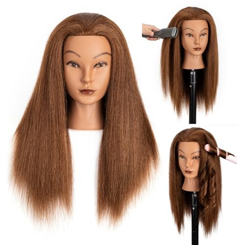 Mannequinkopf mit 100% menschlichem Haar,16 Dunkelbraun Echthaar Kosmetologie Mannequinkopf Haar Styling Friseurpraxis Training Puppenkopf mit Klemmhalter (YB16)