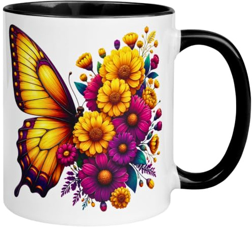 Schmetterling Tasse | Gelb Orange Butterfly Blumen | Farbiger Blüten Becher | Fantasievolles Blumenbouquet aus Ringelblumen Schwefelkosmeen Zinnien