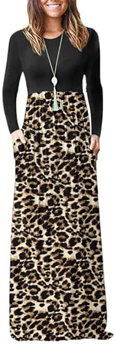 AUSELILY Damen Maxikleid Langarm Taschen Winter | Kleid mit Taschen Langarm,Lässiges Maxikleid mit Rundhals,Für den Alltag geeignet,Angenehmes Material,Polyester,Spandex