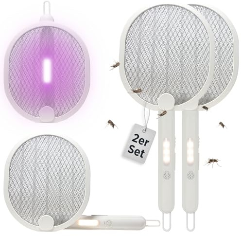 H+H TS 303 Elektrische Fliegenklatsche 2er Set | Elektrische Fliegenfalle | Insektenvernichter mit UV-Licht | Insektenfänger & Fliegenklatsche elektrisch | Wiederaufladbar mit USB-C | Weiß
