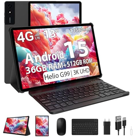 PIXGOOD 3K 13 Zoll Android 15 Tablet, 36GB RAM, 512GB ROM (erweiterbar auf 2TB), 4G LTE丨5G WLAN, 2940 x 1840, 11580mAh, Octa-Core, 13MP+8MP, Tablet mit Tastatur丨GPS丨Bluetooth丨4 Lautsprechern(Schwarz)