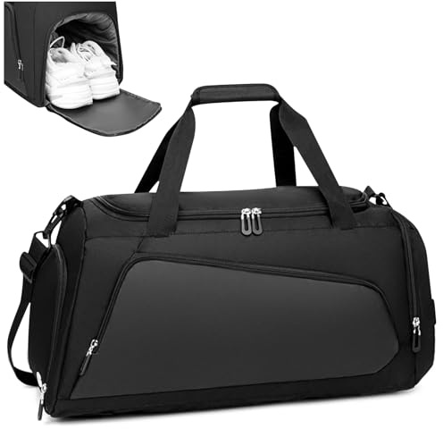 ABOHU Waterproof Gym Bag Duffle Bag with Wet Pockets and Shoe Compartment, Foldable Overnight Weekend Bags for Women Man, Durable Sports Holdall Bags for Sports and Travel (Black, 40L)