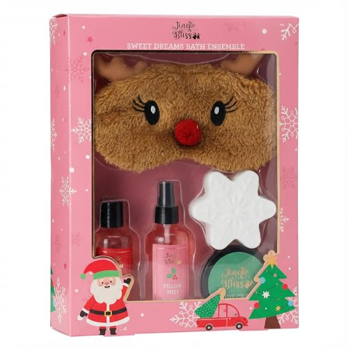 MIJOMA Coffret cadeau de bain 5 pièces – Gel douche 100 ml, crème pour le corps, crèmes de coussin, bombe de bain flocon de neige et masque de sommeil de renne – Kit de Noël pour femmes et enfants