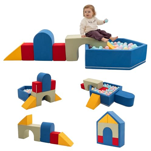 Zedachica 8PCS Softbausteine Baby mit Hausförmigem Bällebad, Schaumstoff Bausteine Kinder für Indoor Klettern, Soft Play Set und Kletterspielzeug für Kleinkinder 1–3 Jahre, Blau (Ohne Bälle)