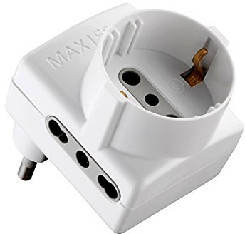 Electraline 70066 Adattatore Multipresa con Spina Salvaspazio, Presa Tripla Schuko Bivalente 10/16A, 230 V, Bianco
