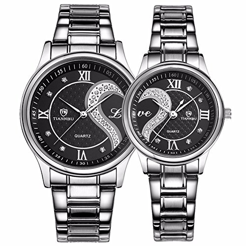 DREAMING Q&P Unisex Analog Quarz Paar Uhren mit Edelstahl Armband Schwarz MW102GB