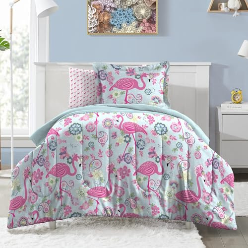 dream FACTORY Kids 5-Piece Complete Set Easy-Wash Super Soft Microfiber Comforter Bedding, Twin, Pink Flamingo