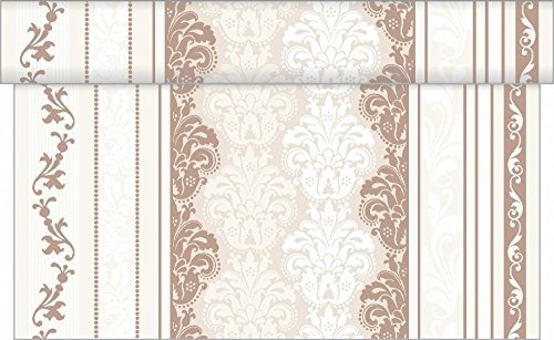 Sovie Home Tischläufer Marius in BRAUN, Linclass® Airlaid, 40 cm x 4,80 m, 1 Stück, alle 30 cm perforiert, florales Ornamentdesign in Braun-Beigetönen
