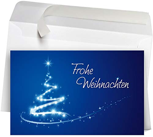 50 Premium Weihnachtskarten mit Umschlag Set für Firmen, hochwertige Klappkarten 19 x 12 cm groß, Baum in Light-Paint-Optik blau
