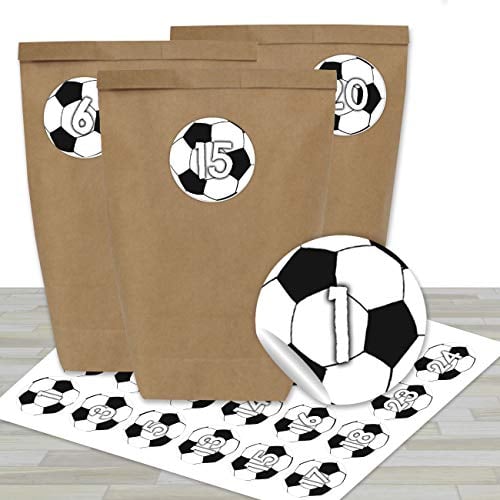 Papierdrachen Adventskalender zum Befüllen - 24 braune Papiertüten und 24 Fußball Zahlenaufkleber - zum Selbermachen und Befüllen - Mini Set Nr 47 - Weihnachten