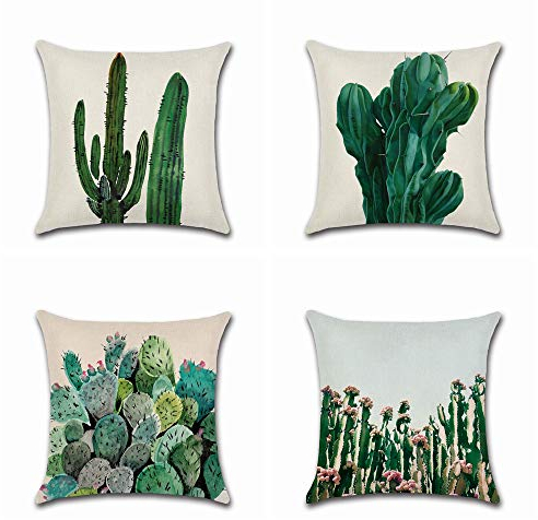 BoomTeck 4 Stück Kissenbezüge Dekorative 45 X 45 cm Kissenbezug Home Sofa Dekokissen Quadratische Kissenbezüge Set Tropische Kaktus Blumen grüne Muster