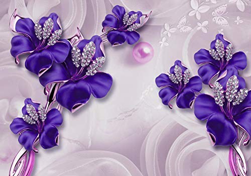 wandmotiv24 Fototapete Lila Abstrakte Blumen, M 250 x 175 cm - 5 Teile, Wanddeko, Wandbild, Wandtapete, Schmetterlinge, Diamanten, Modern M2007