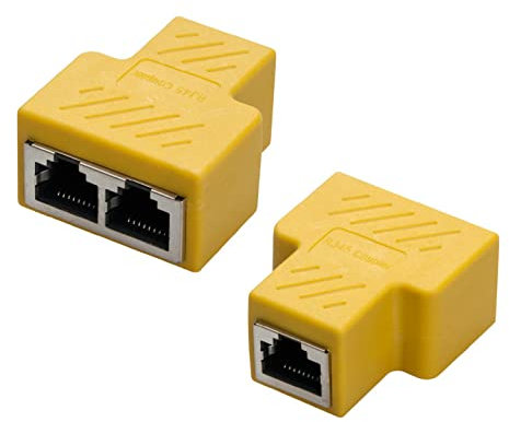 Covvy RJ45 Splitter Connector Female to Female Network Adapter 1 to 2 Female Port CAT 5/CAT 6 LAN Ethernet Cable Dual Socket Connector Adapter (2 Pcs, yellow)