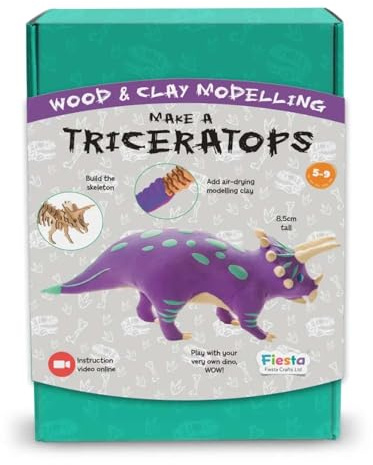 Fiesta Crafts Make a Triceratops Clay & Wood Modelling Kit | Fun Educational DIY Clay & Wood Craft Activity, Develops Imagination & Creativity for Children Age 5-9