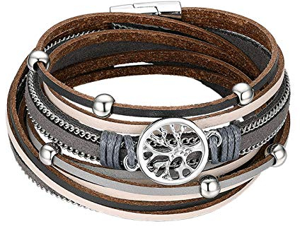 JewelryWe Lebensbaum Lederarmband Damen Wickelarmband: Vintage Baum des Lebens Boho Multilayer Geflochten Leder Armband Armreif Manschette Wickel Surferarmband mit Magnetverschluss Braun