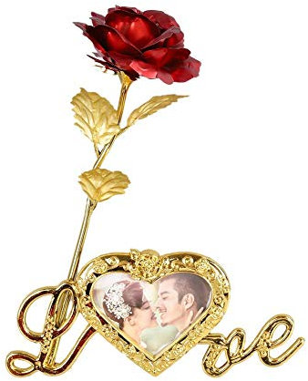 Ogquaton 24k Or Rose Trempé Rose Éternelle Longue Tige Véritable Rose Rose Fleur Artificielle avec Amour Cadre Photo Cadre et Boîte-Cadeau Durable et Pratique