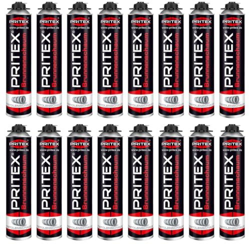 PRITEX – Brunnenschaum 16 x 750 ml zur Montage von Brunnenschachtringen & Rohrelementen – Pistolenschaum mit sehr guter Haftung & hoher Beständigkeit – Bauschaum für Montagepistole