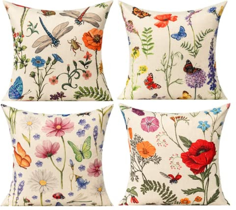 All Smiles Cushion Covers 45 x 45 Garden Outdoor Butterfly Decorative Spring Bench Pillows Farmhouse Dragonfly Flower Floral Leaves Pillowcase Set of 4 Home Decor Linen for Couch Sofa Plants