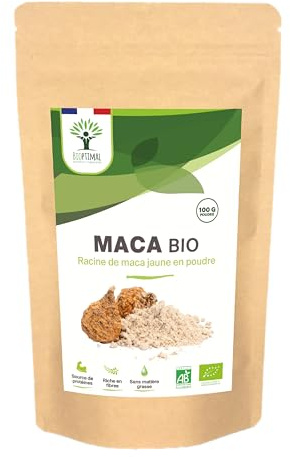 Maca Bio - Bioptimal - En Poudre - Racine de Maca Jaune du Pérou - Energie Libido Sexualité Fertilité Homme Femme - Qualité Premium - 100% Pur - Conditionné en France - Certifié Ecocert - 100 g